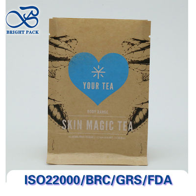 Bolsas de papel Kraft de ocho lados de sellado reciclable y compostable para envases de té con impresión y tamaños personalizables.