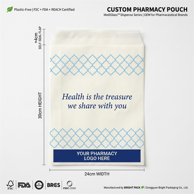 Papel biodegradable de lujo Bolsas de farmacia Bolsas de medicinas de vidrio Cumplimiento de la FDA Bolsa farmacéutica reciclable Envases para el cuidado de la salud a granel
